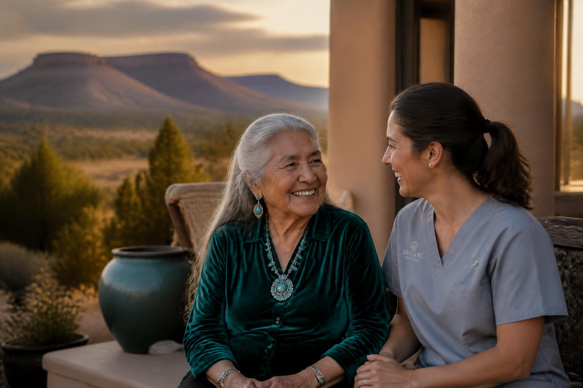 A smiling elderly woman and her professional caregiver sitting together on a sunlit southwestern porch